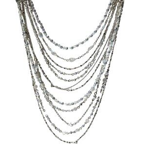 Elegant Multi Strand Silver Tone Beaded Statement Necklace Faux Pearls Beads